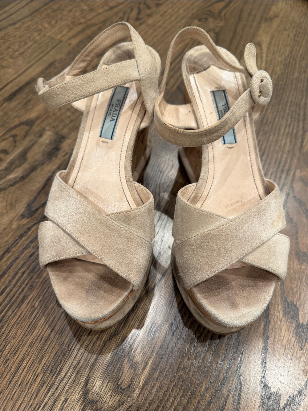 Prada Nude Suede Crisscross Platform Wedges